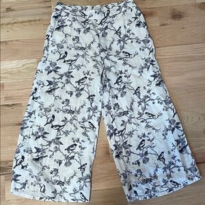 White Linen-Blend Wide Leg Pants with Blue Bird Print